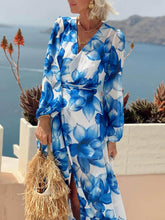 Elegant Floral Print Tie-Front Lantern Sleeve Vacation Maxi Dress